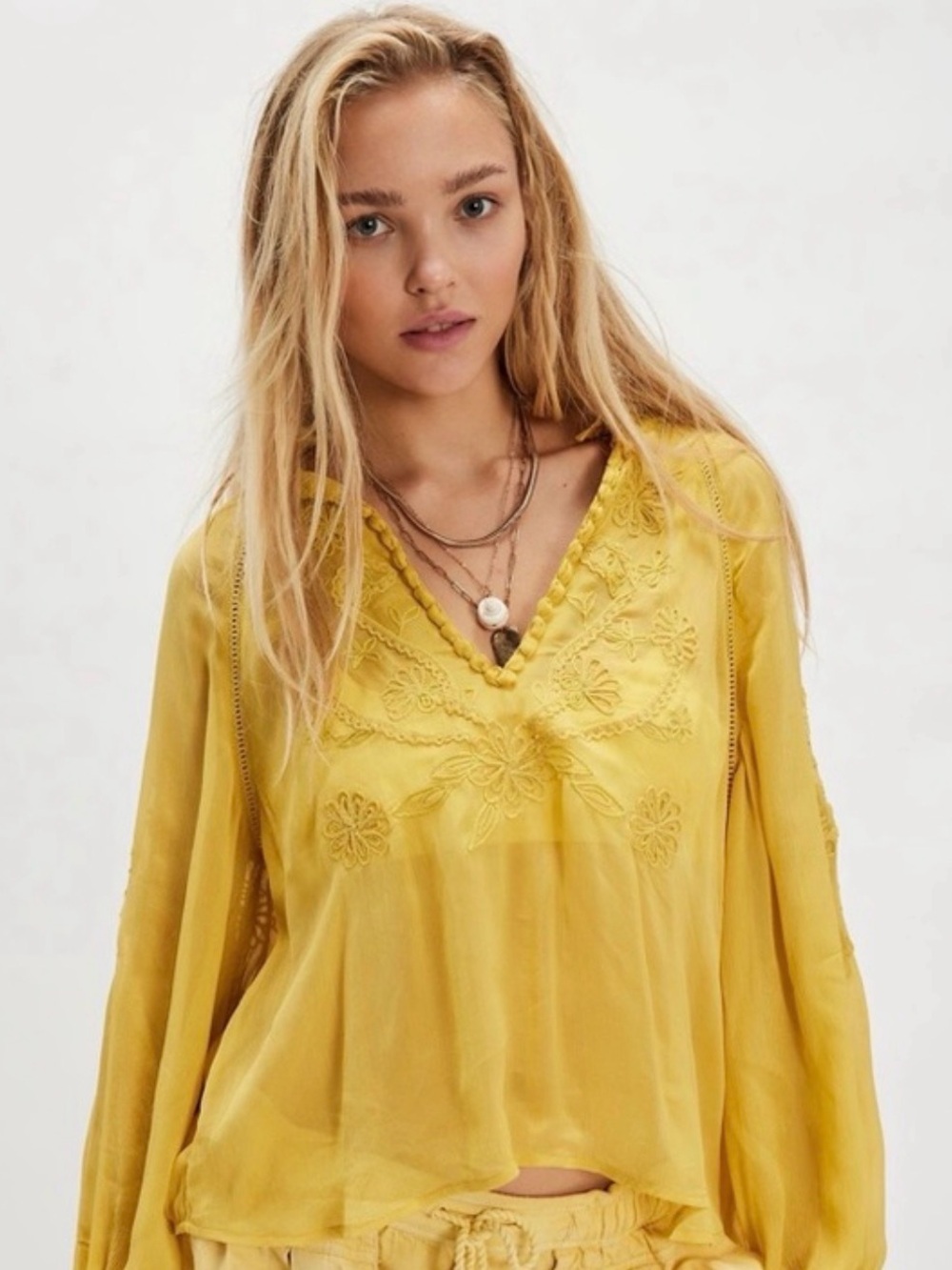 NWT Free People Bali Dragon Lily Blouse Misted Yellow Embroidered Medium